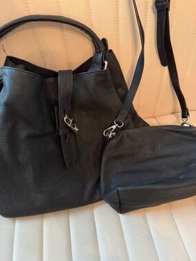 Black Leather Bucket Bag with Crossbody Pouch